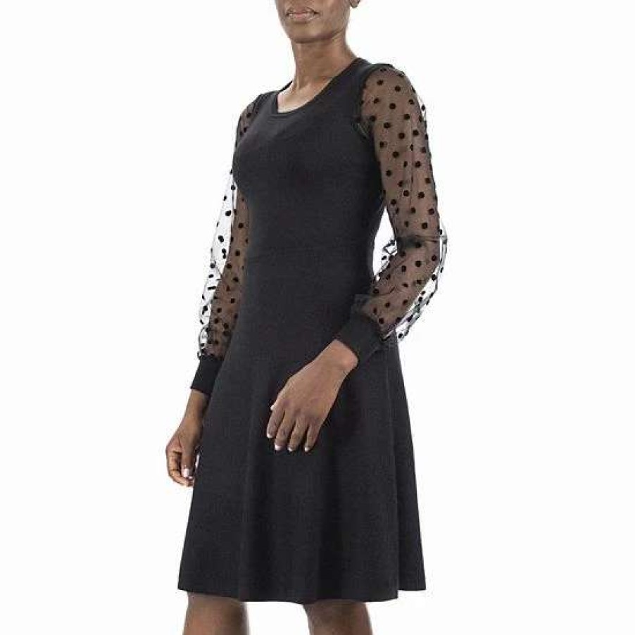 Womens * | Women'S Nina Leonard Sheer-Sleeve Fit & Flare Sweater Dress