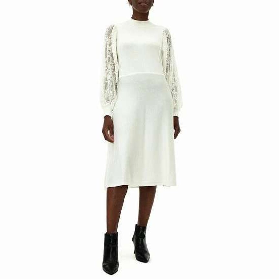 Womens * | Women'S Nina Leonard Mockneck Lace-Sleeve Sweater Dress Ivory