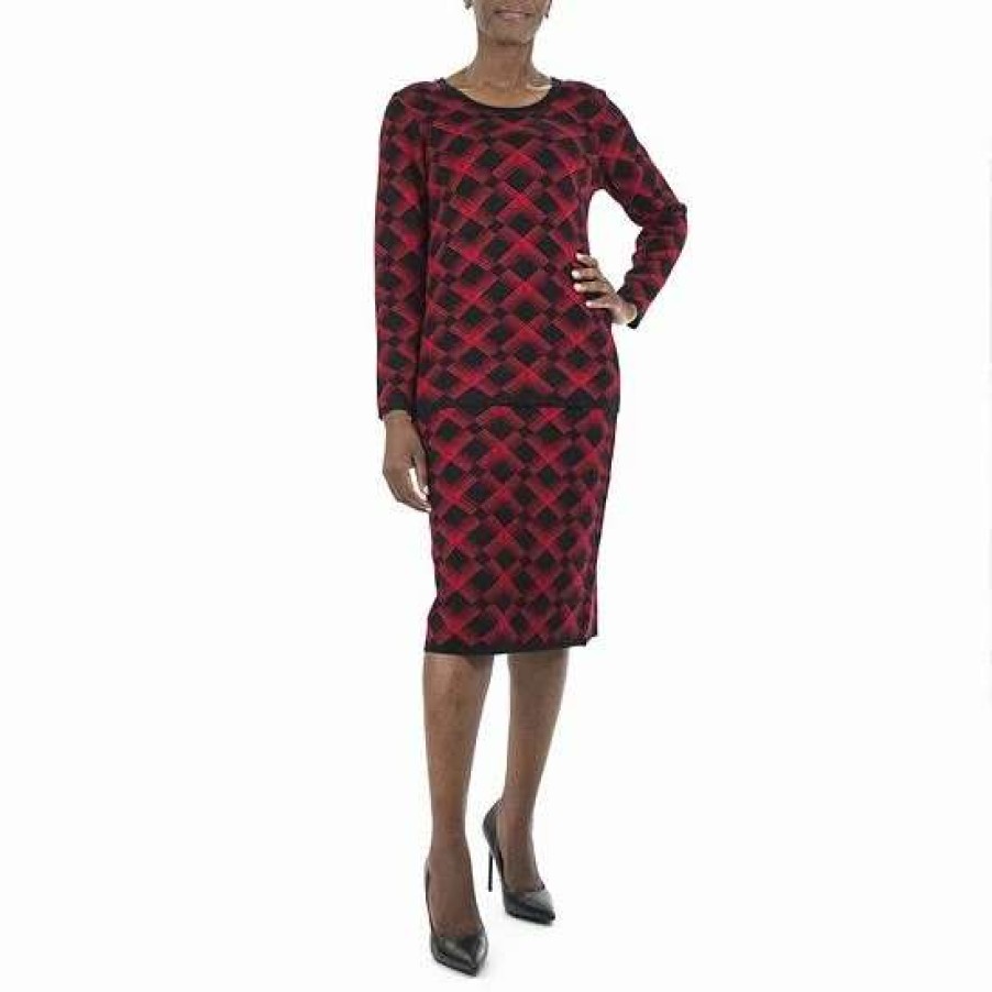 Womens * | Women'S Nina Leonard Jacquard Sweater & Pencil Skirt Set Black Red