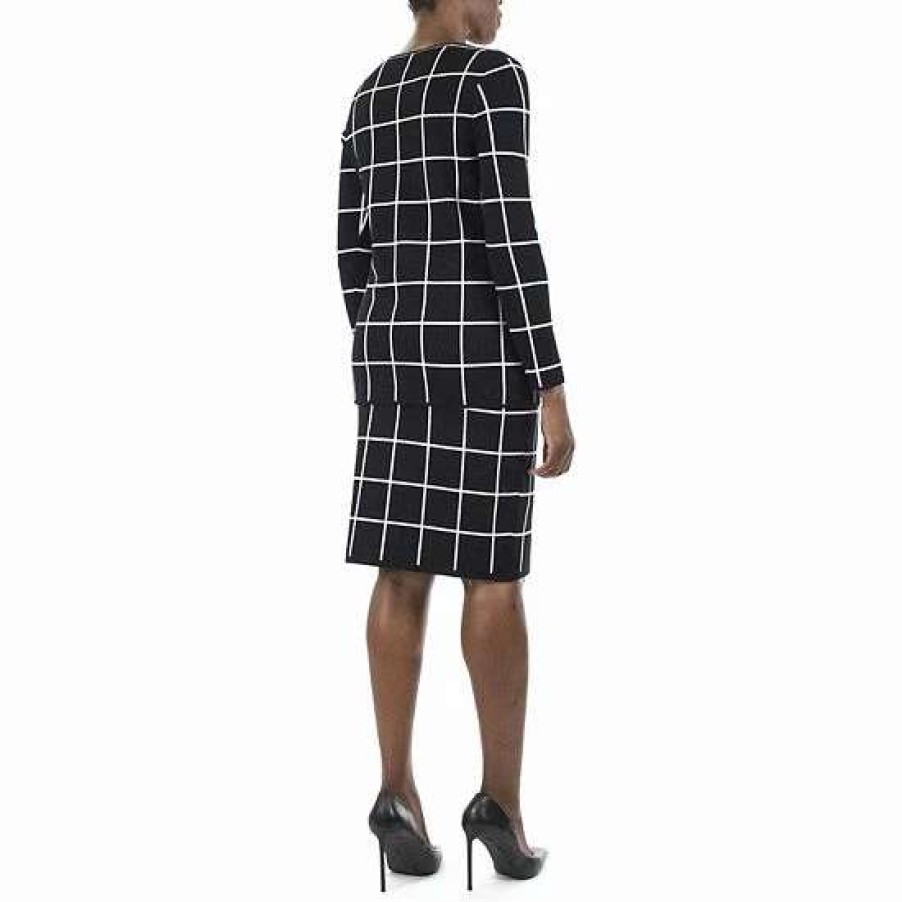 Womens * | Women'S Nina Leonard Jacquard Sweater & Pencil Skirt Set Black Red