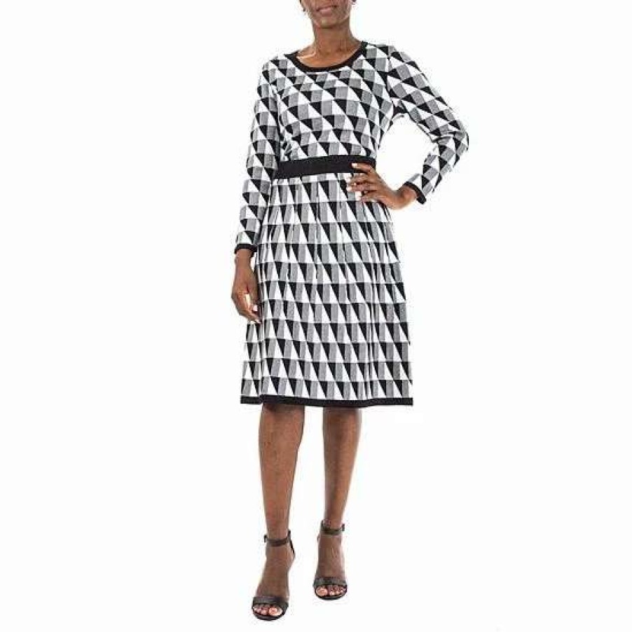 Womens * | Women'S Nina Leonard Print Sweater Fit & Flare Skirt Set Black Ivory