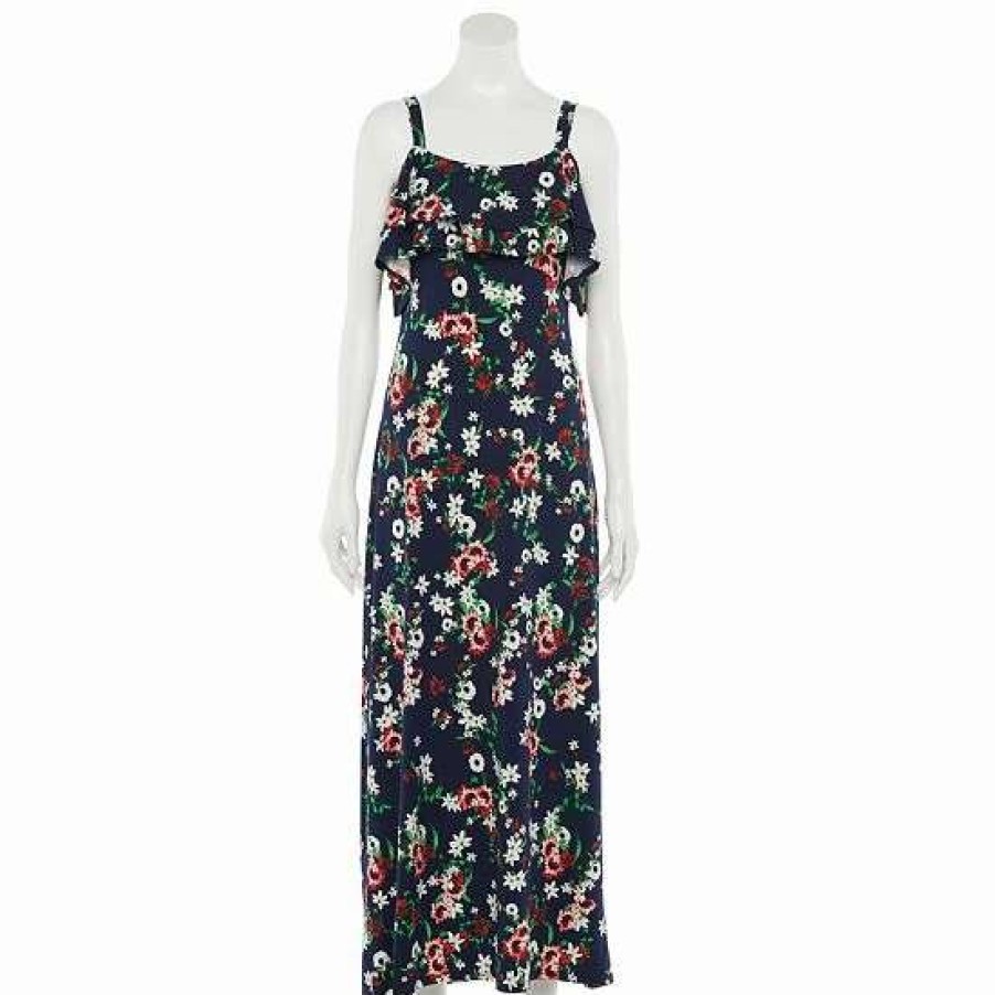 Womens * | Women'S Nina Leonard Floral Cold-Shoulder Ruffle Maxi Dress