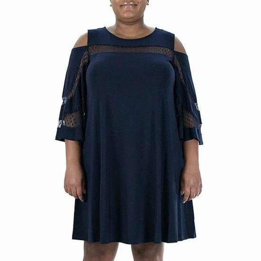 Womens * | Plus Size Nina Leonard Dot Mesh Yoke Dress