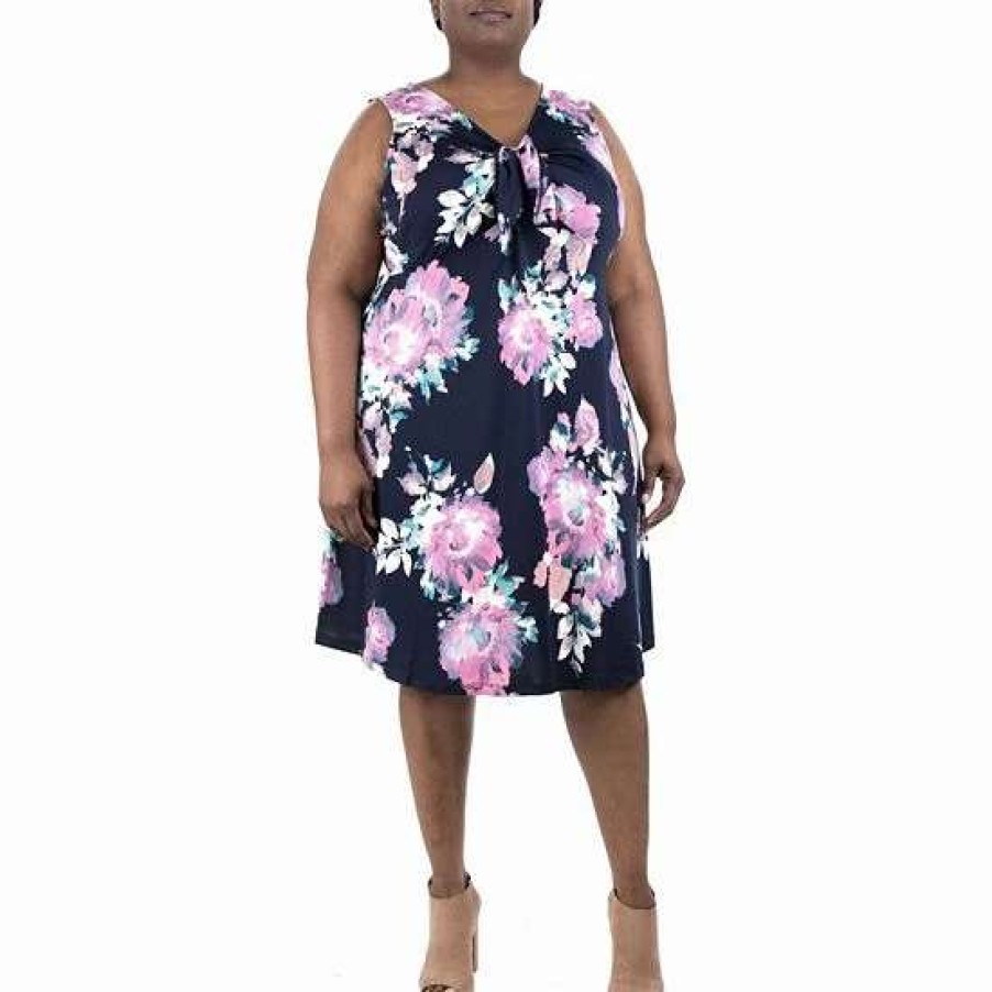 Womens * | Plus Size Nina Leonard Floral Knot-Front Shift Dress