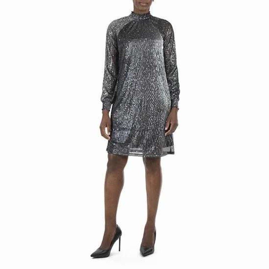 Womens * | Women'S Nina Leonard Sequin Mockneck Dress