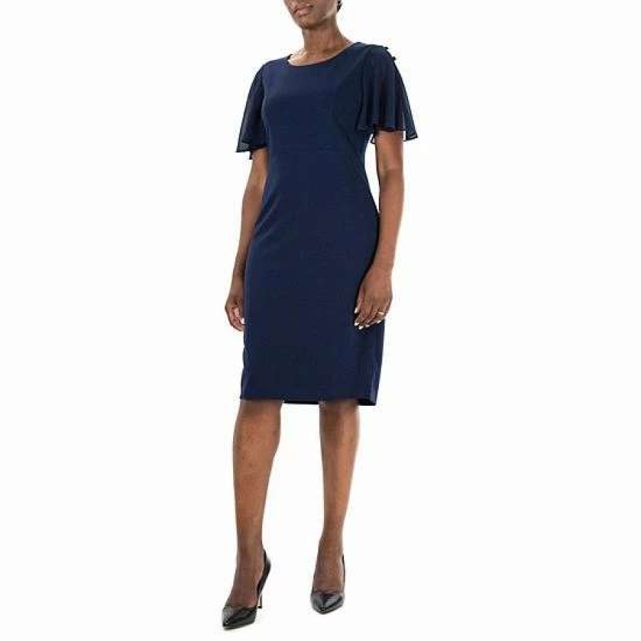 Womens * | Women'S Nina Leonard Jewelneck Flutter Sleeve Sheath Dress