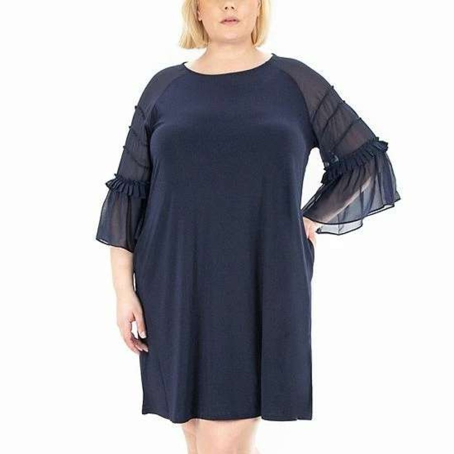 Womens * | Plus Size Nina Leonard Shirred Chiffon Dress Navy