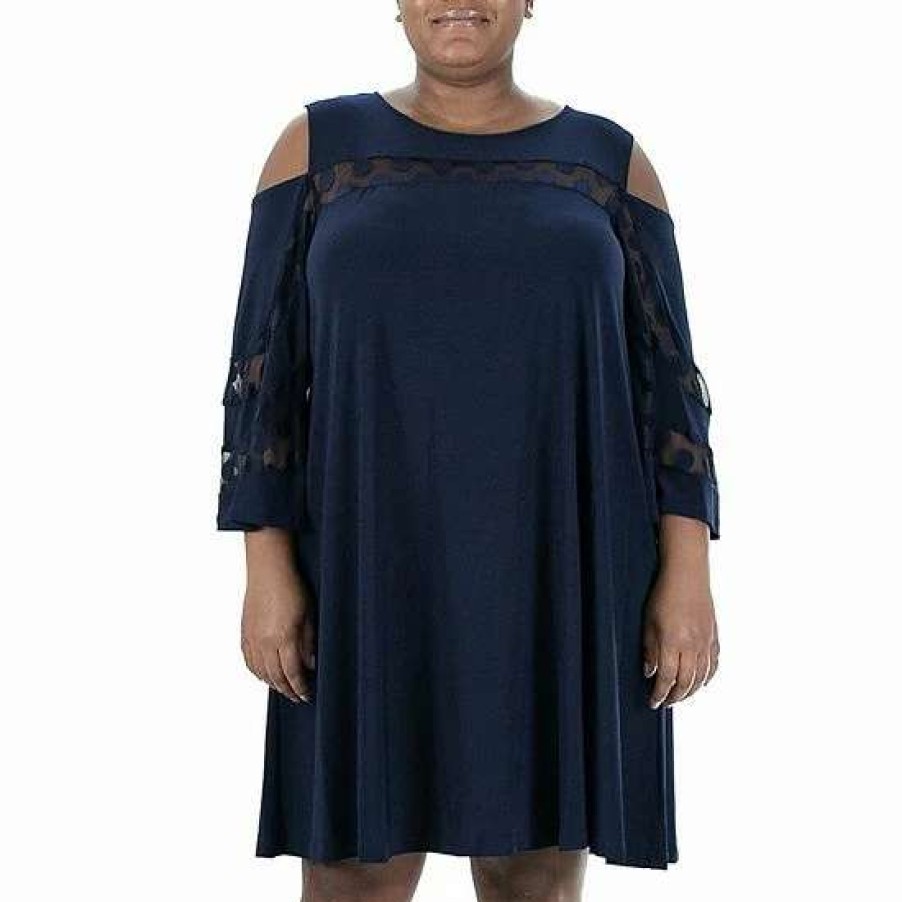 Womens * | Plus Size Nina Leonard Mesh Yoke Cold-Shoulder Swing Dress