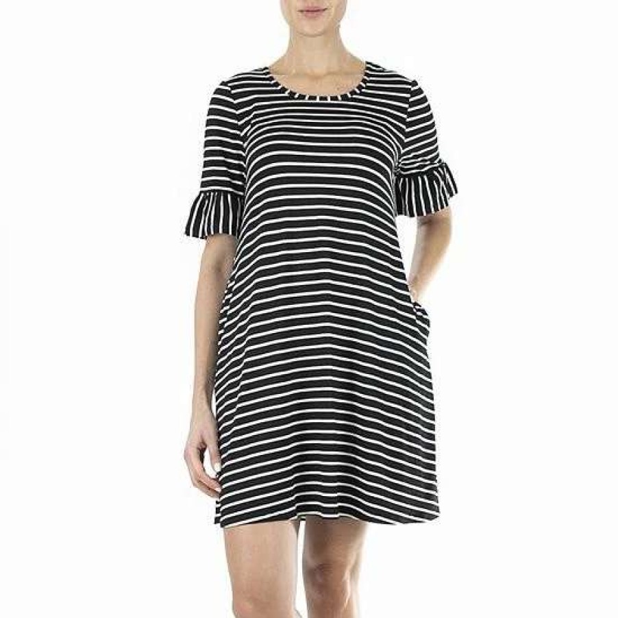 Womens * | Women'S Nina Leonard Ruffle-Sleeve Striped Swing Dress