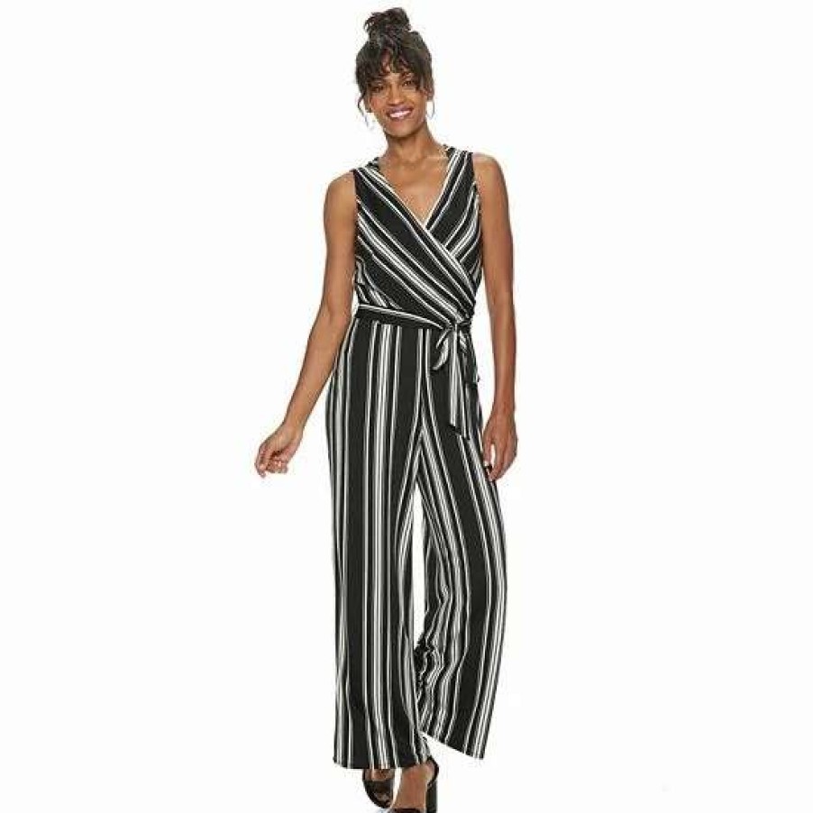 Womens * | Women'S Nina Leonard Striped Surplice Palazzo Jumpsuit Black Ivory