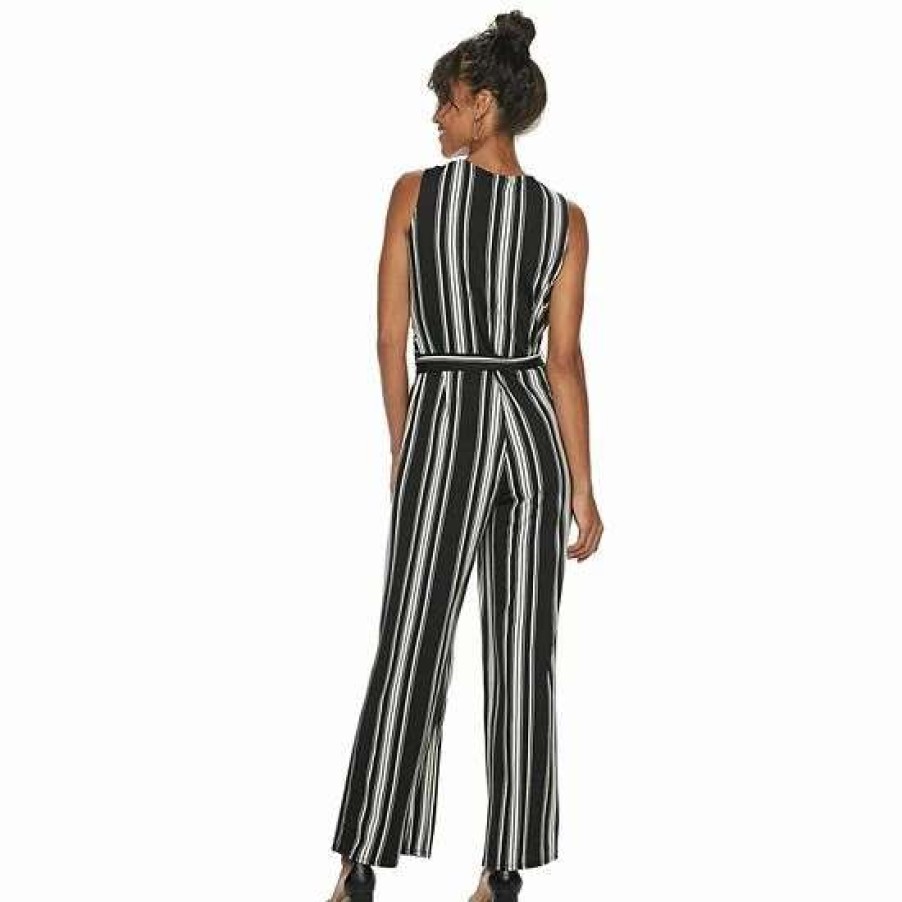 Womens * | Women'S Nina Leonard Striped Surplice Palazzo Jumpsuit Black Ivory