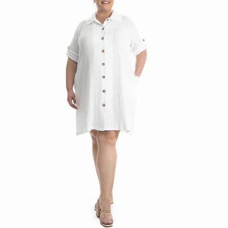 Womens * | Plus Size Nina Leonard Collared Button-Down Dress