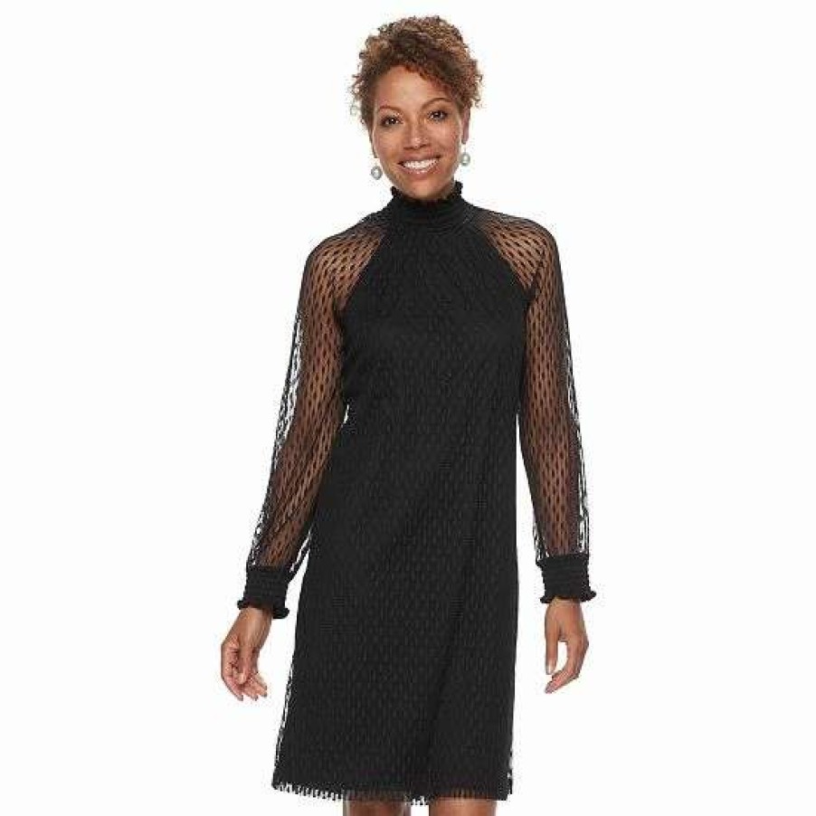 Womens * | Women'S Nina Leonard Lace Mockneck Trapeze Dress