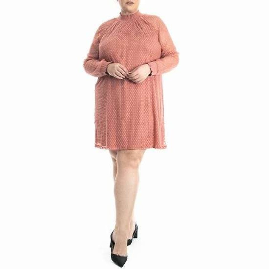 Womens * | Plus Size Nina Leonard Shirred Mock Neck Dress