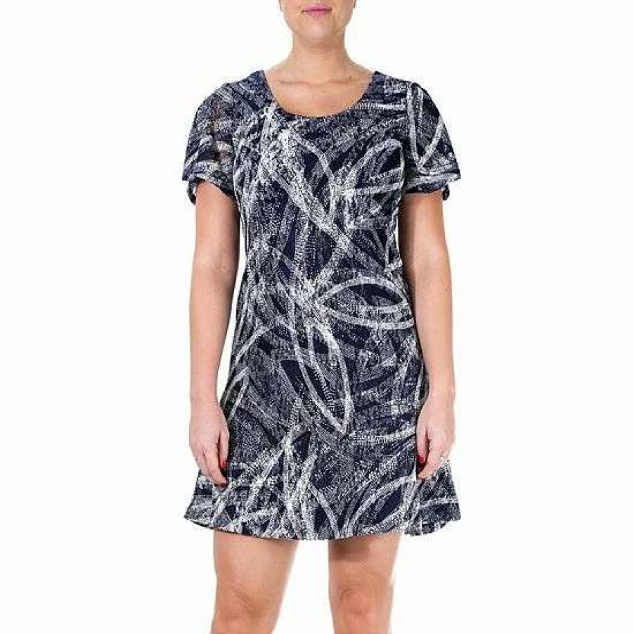 Womens * | Women'S Nina Leonard Print Trapeze Dress Navy Dotted Swirl