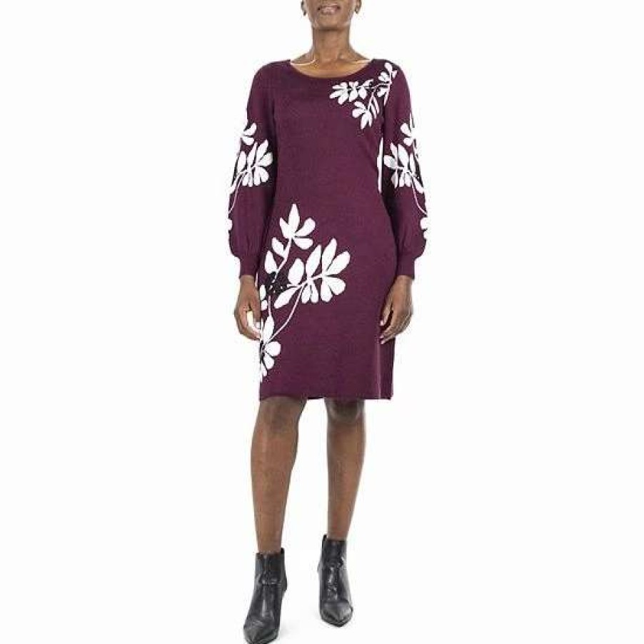 Womens * | Women'S Nina Leonard Floral Balloon-Sleeve Sweater Dress