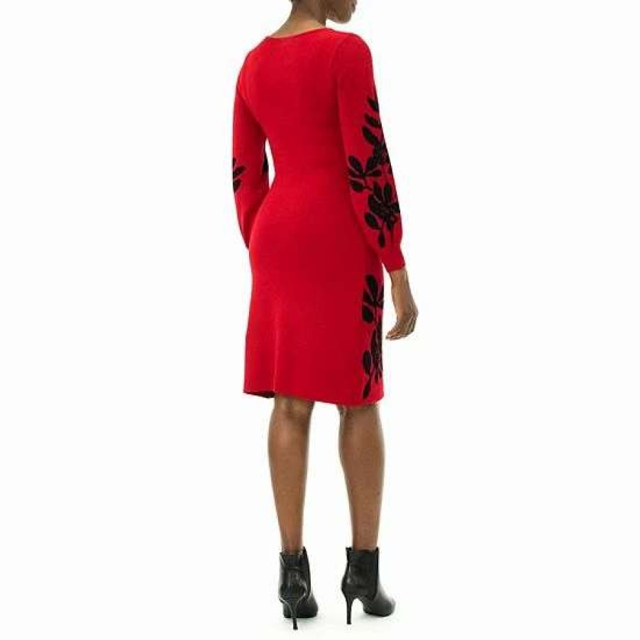 Womens * | Women'S Nina Leonard Floral Balloon-Sleeve Sweater Dress