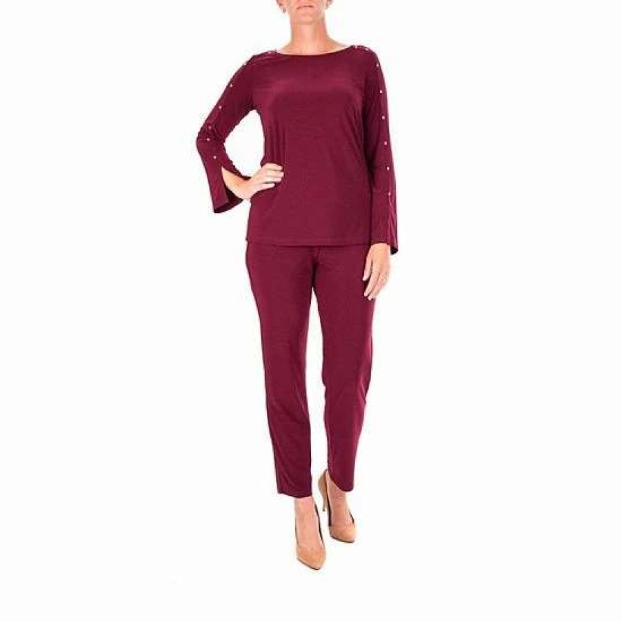 Womens * | Women'S Nina Leonard Studded Top & Pant Set Deep Wine Gold