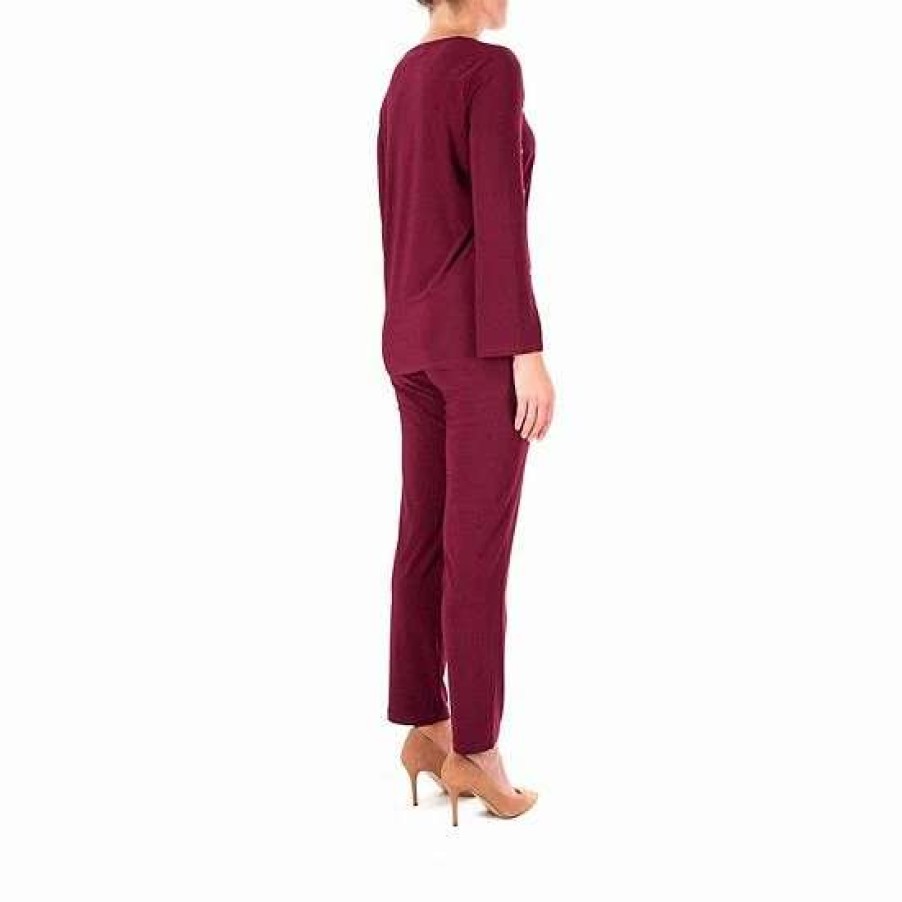 Womens * | Women'S Nina Leonard Studded Top & Pant Set Deep Wine Gold