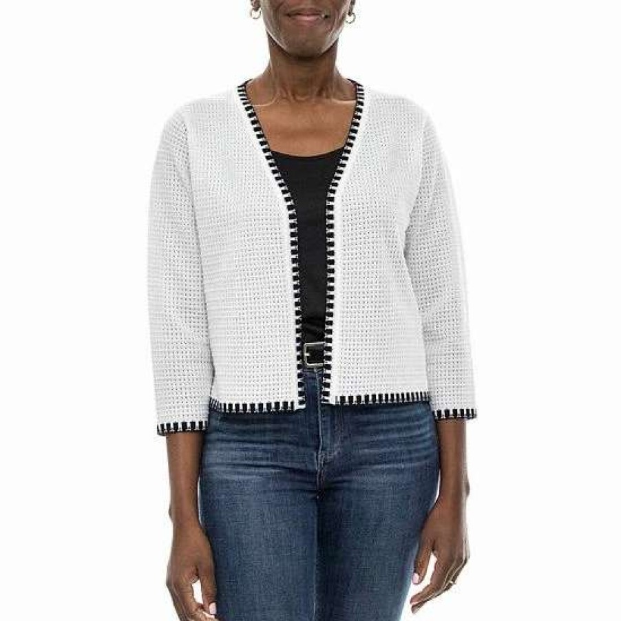 Womens * | Women'S Nina Leonard Waffle-Weave Bolero Jacket White