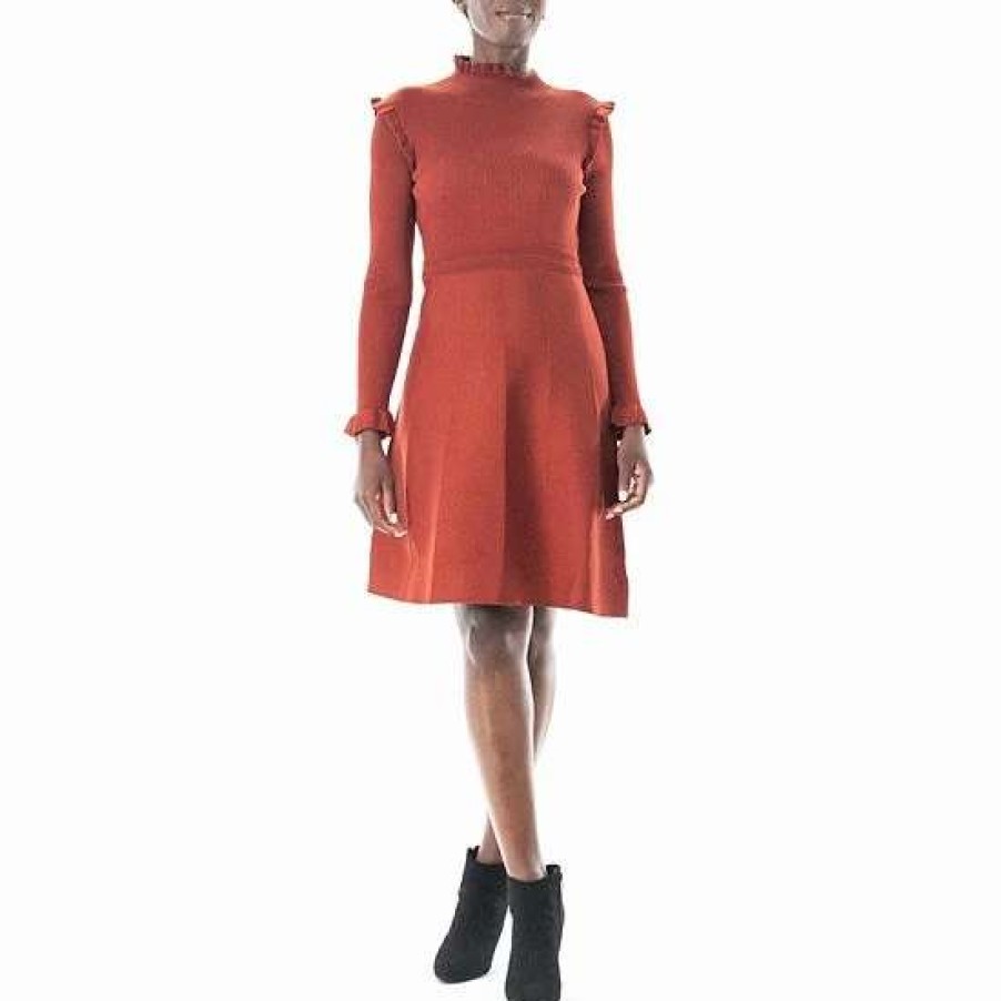 Womens * | Women'S Nina Leonard Long Sleeve High Ruffle Neck Fit & Flare Dress