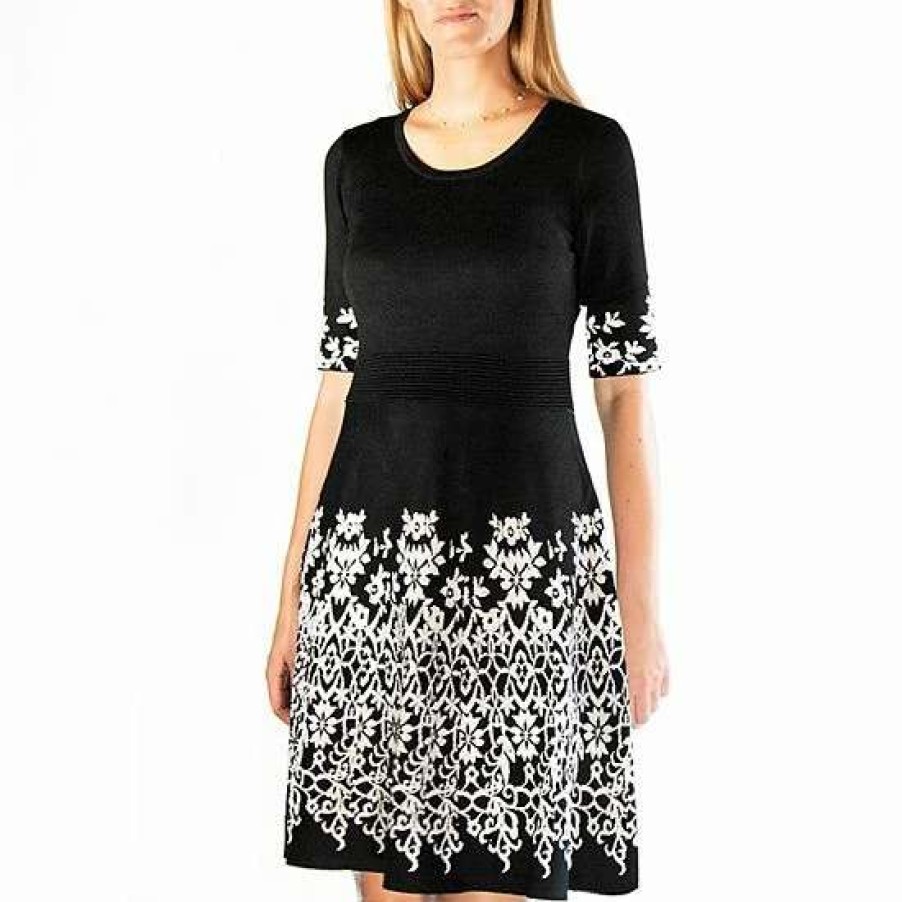 Womens * | Women'S Nina Leonard Scroll Ribbed Fit & Flare Sweater Dress