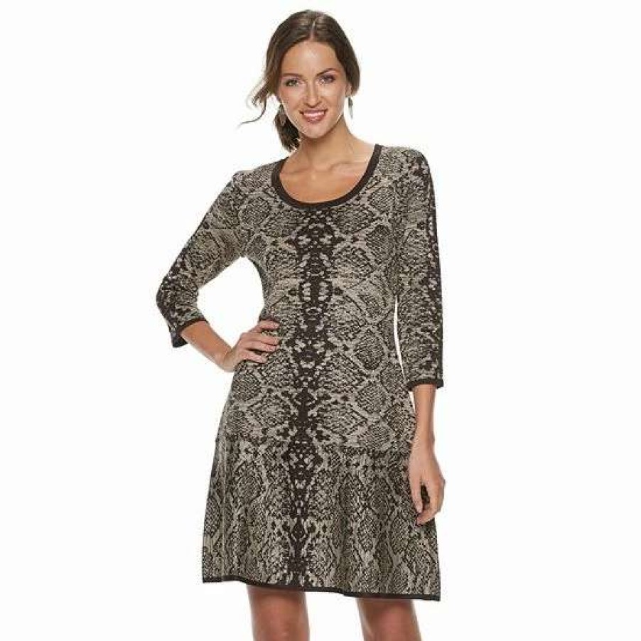 Womens * | Women'S Nina Leonard Snakeskin-Print Sweater Dress Chocolate Camel