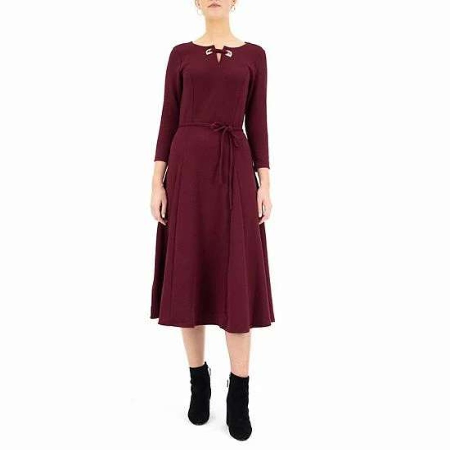 Womens * | Women'S Nina Leonard Sylvia Three-Quarter Sleeve Belted Dress