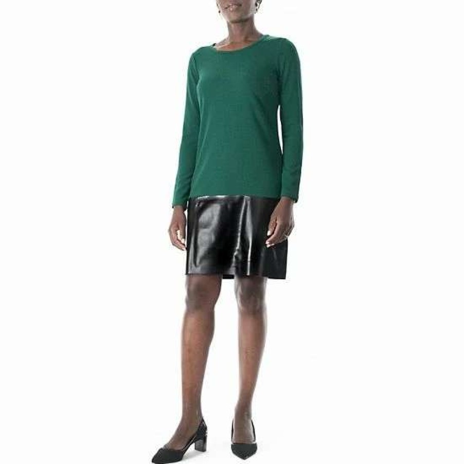 Womens * | Women'S Nina Leonard Long Sleeve Jewelneck Crepe Dress