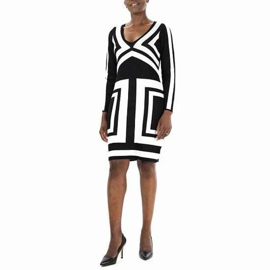 Womens * | Women'S Nina Leonard V-Neck Long Sleeve Sheath Sweater Dress