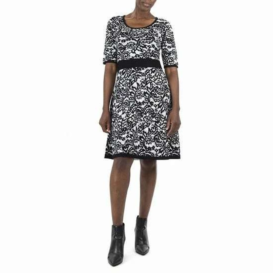 Womens * | Women'S Nina Leonard Scroll Jacquard Sweater Dress