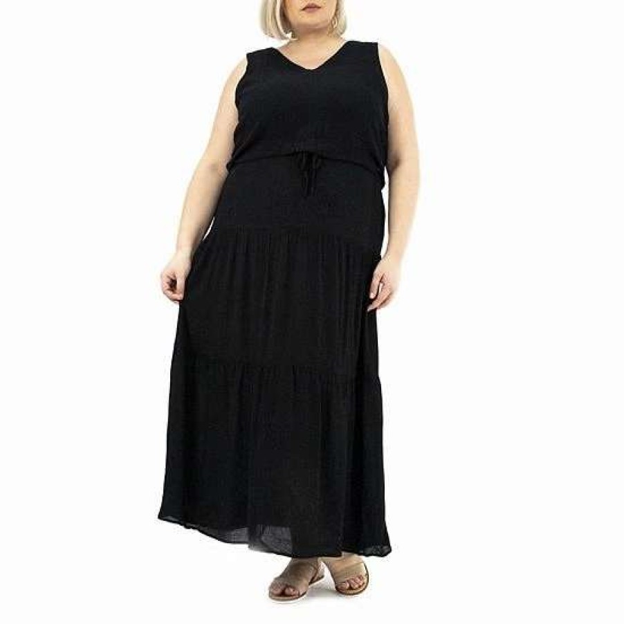 Womens * | Plus Size Nina Leonard Printed Tiered Maxi Dress