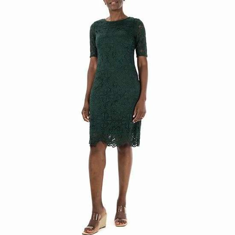 Womens * | Women'S Nina Leonard Lace Elbow-Sleeve Sheath Dress