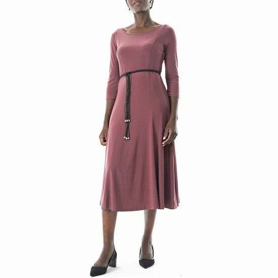 Womens * | Women'S Nina Leonard Three-Quarter Sleeve Belted Midi Dress