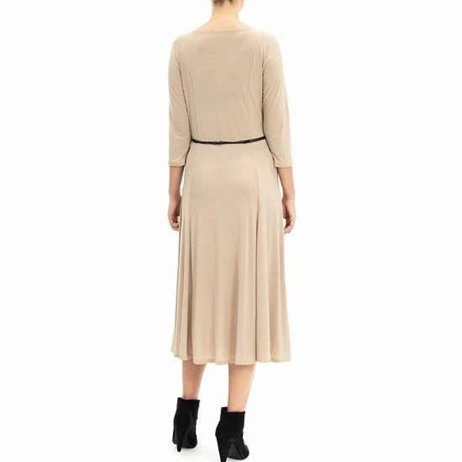 Womens * | Women'S Nina Leonard Three-Quarter Sleeve Belted Midi Dress