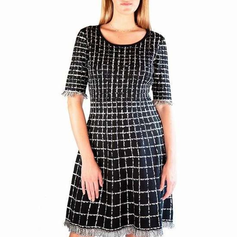 Womens * | Women'S Nina Leonard Plaid Knit Fit & Flair Sweater Dress With Fringe