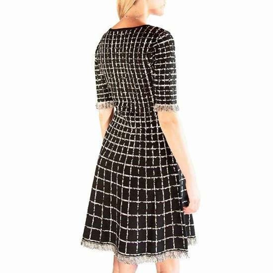 Womens * | Women'S Nina Leonard Plaid Knit Fit & Flair Sweater Dress With Fringe