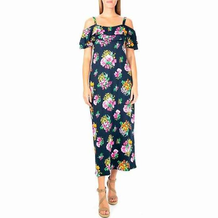 Womens * | Women'S Nina Leonard Floral Cold-Shoulder Maxi Dress