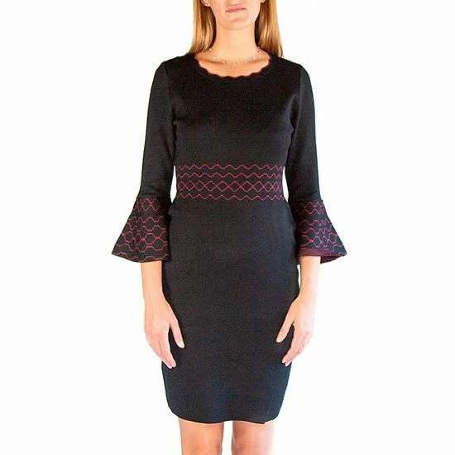 Womens * | Women'S Nina Leonard Jacquard Bell-Sleeve Sweater Dress