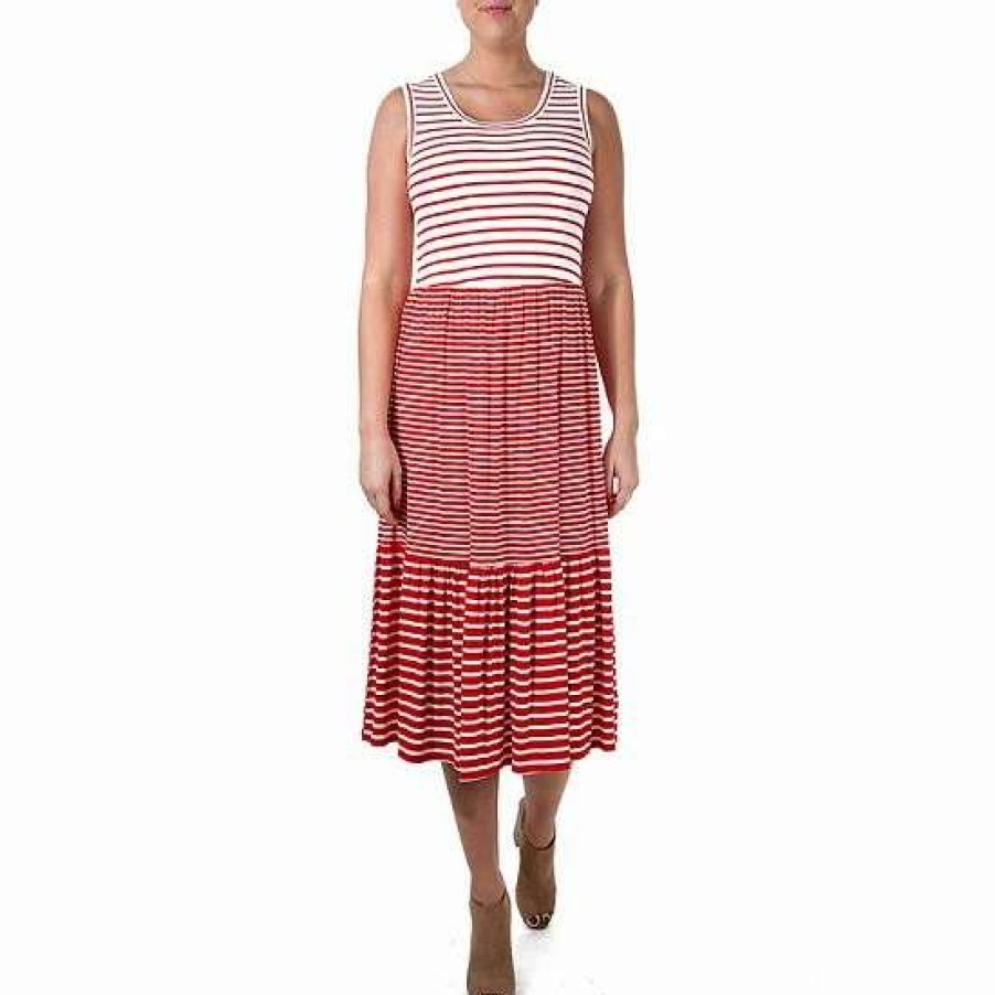 Womens * | Women'S Nina Leonard Striped Tiered Dress Red Ivory