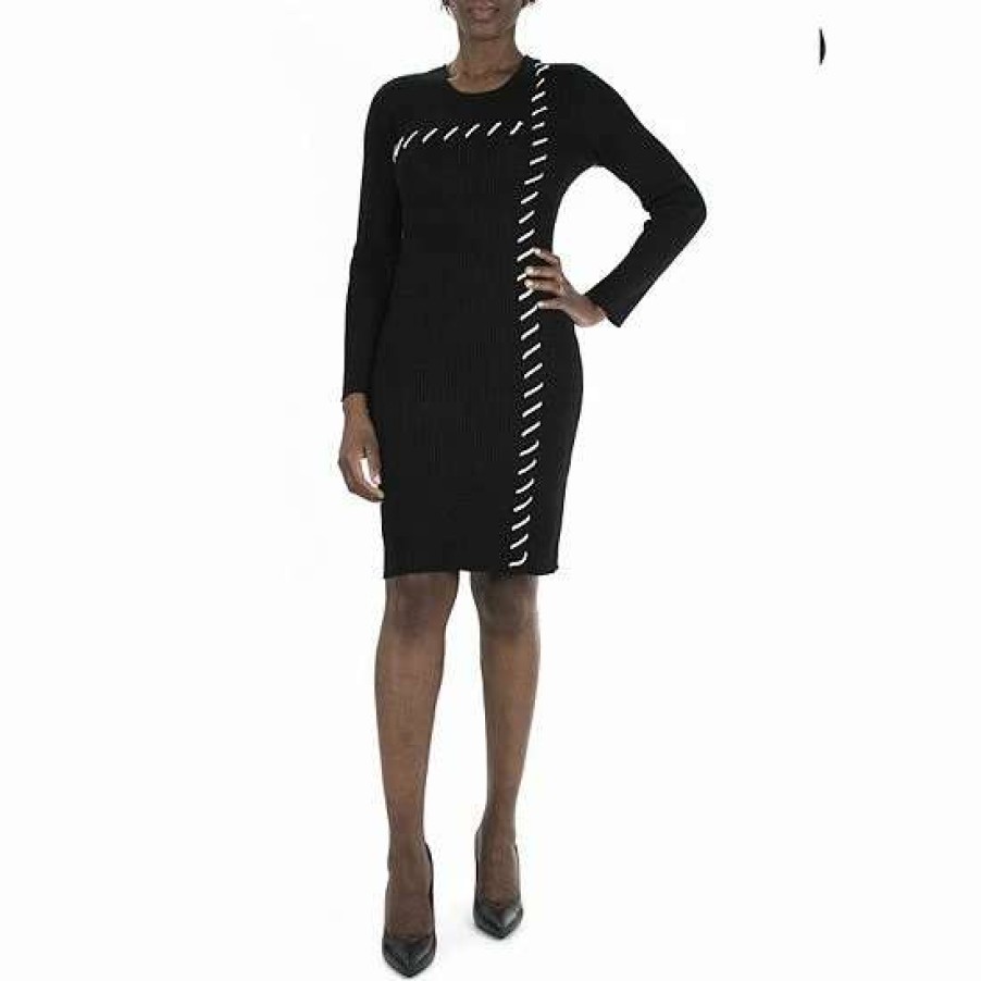 Womens * | Women'S Nina Leonard Ribbed Whipstitch Sweater Dress