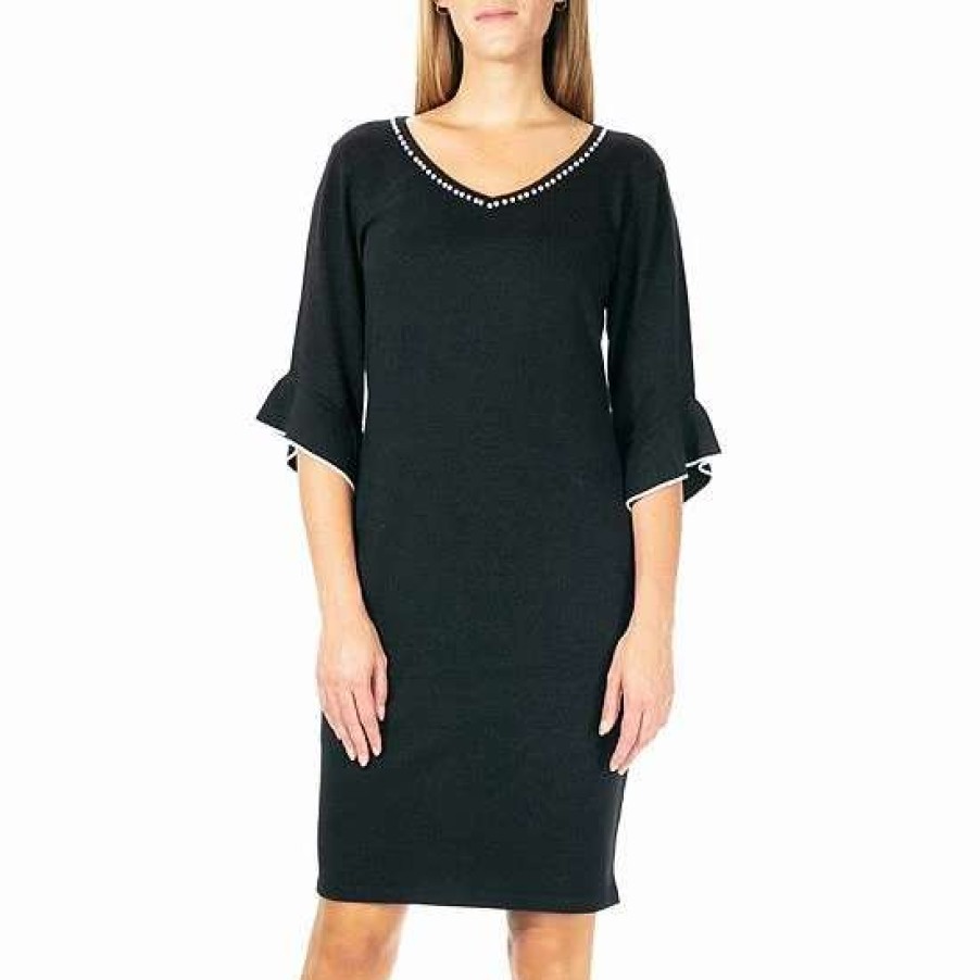 Womens * | Women'S Nina Leonard Embellished Ruffle-Sleeve Dress