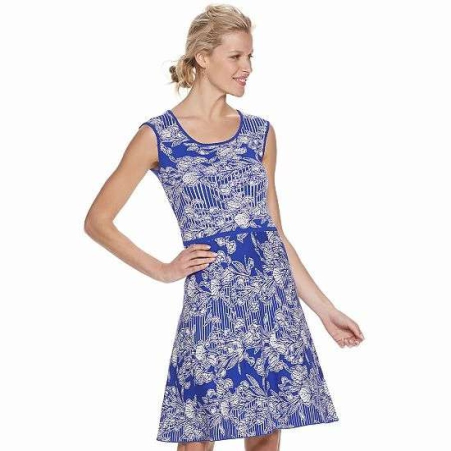 Womens * | Women'S Nina Leonard Floral Jacquard Sweater Dress Bright Blue White