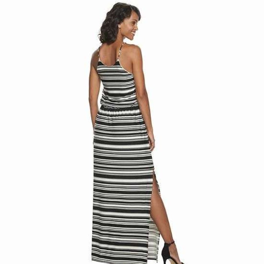 Womens * | Women'S Nina Leonard Striped Halter Neck Spaghetti Strap Maxi Dress