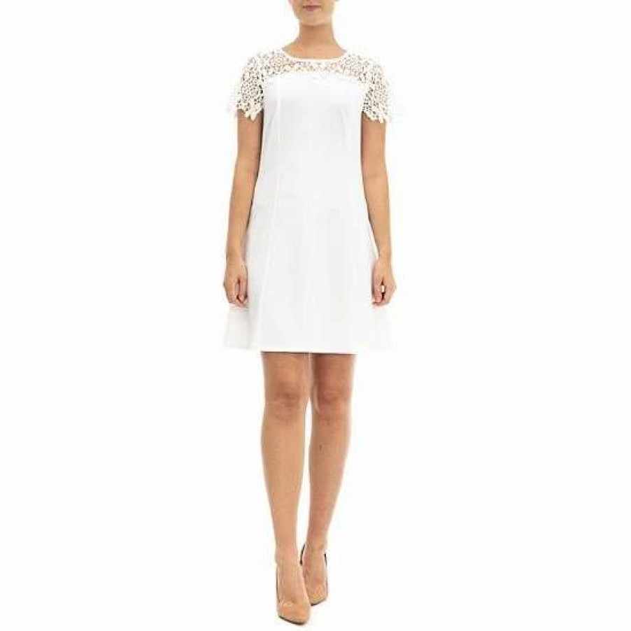 Womens * | Women'S Nina Leonard Lace-Yoke Cap Sleeve A-Line Dress