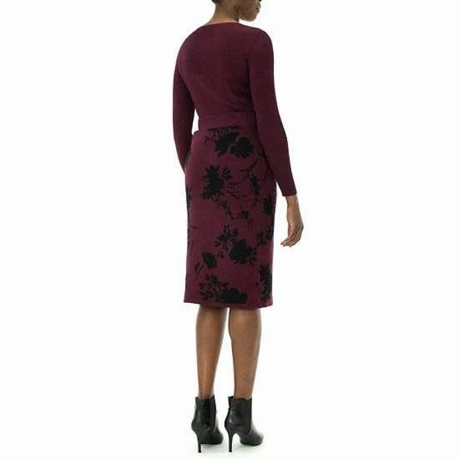 Womens * | Women'S Nina Leonard Solid Sweater & Jacquard Skirt Set