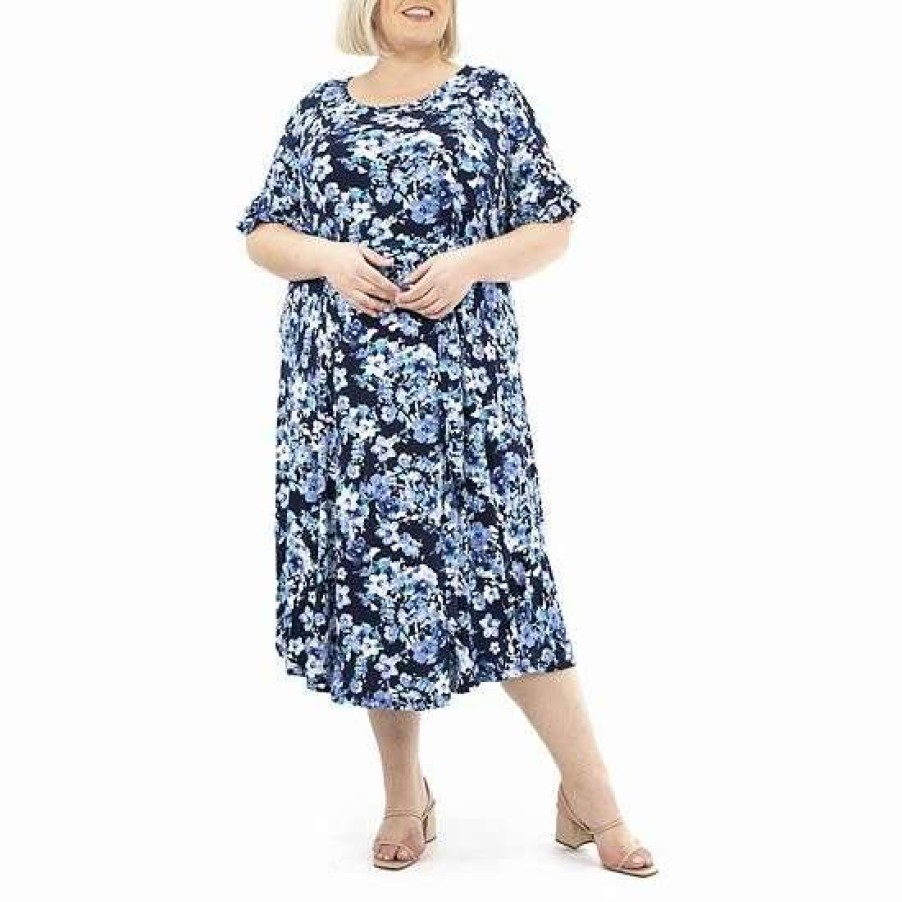 Womens * | Plus Size Nina Leonard Sylvia Double Tiered Midi Dress Navy Multi