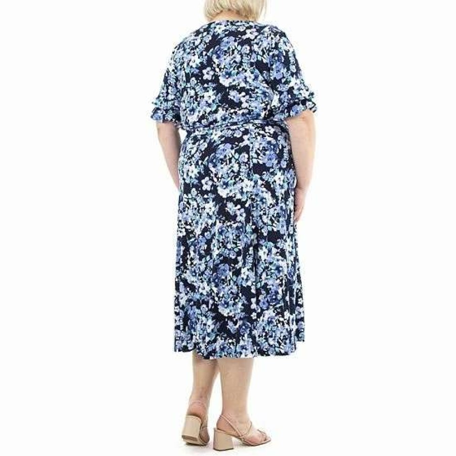 Womens * | Plus Size Nina Leonard Sylvia Double Tiered Midi Dress Navy Multi