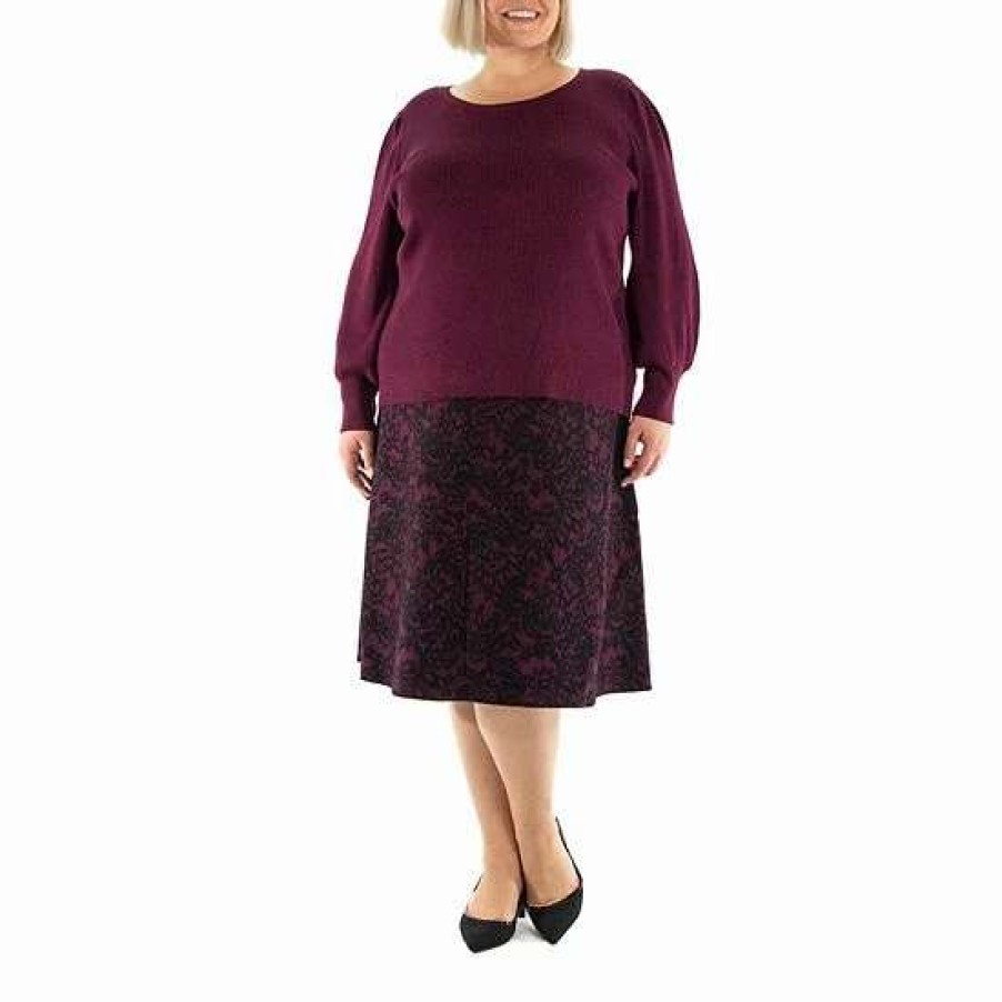 Womens * | Plus Size Nina Leonard 2-Piece Skirt & Jacquard Sweater Set Wine Black