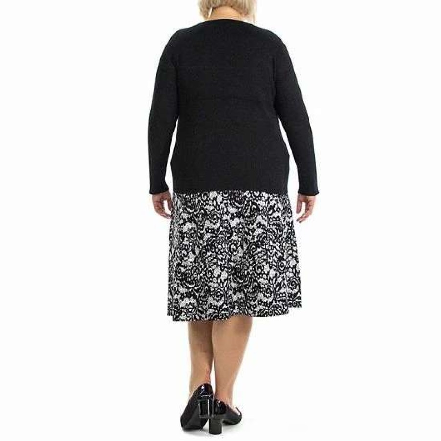 Womens * | Plus Size Nina Leonard 2-Piece Skirt & Jacquard Sweater Set Wine Black